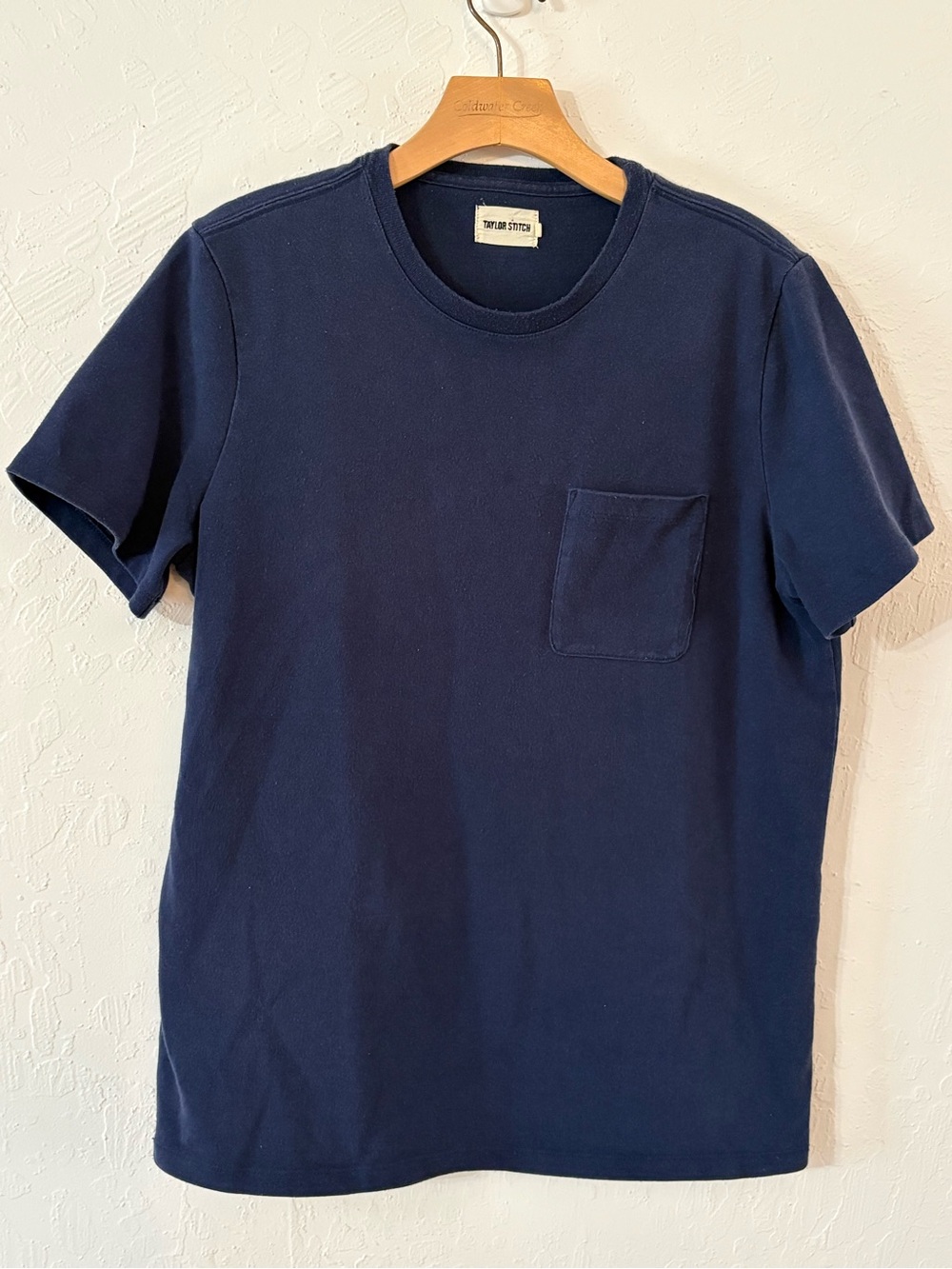 Taylor Stitch Heavy Bag Tee Navy Blue Pocket T-Shirt Mens Size 40 Crew Pilling M
